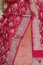 Orange Banarasi Silk Satin Zari Brocade Suit With Pink Banarasi Silk Parrot Design Dupatta - Luxurion World