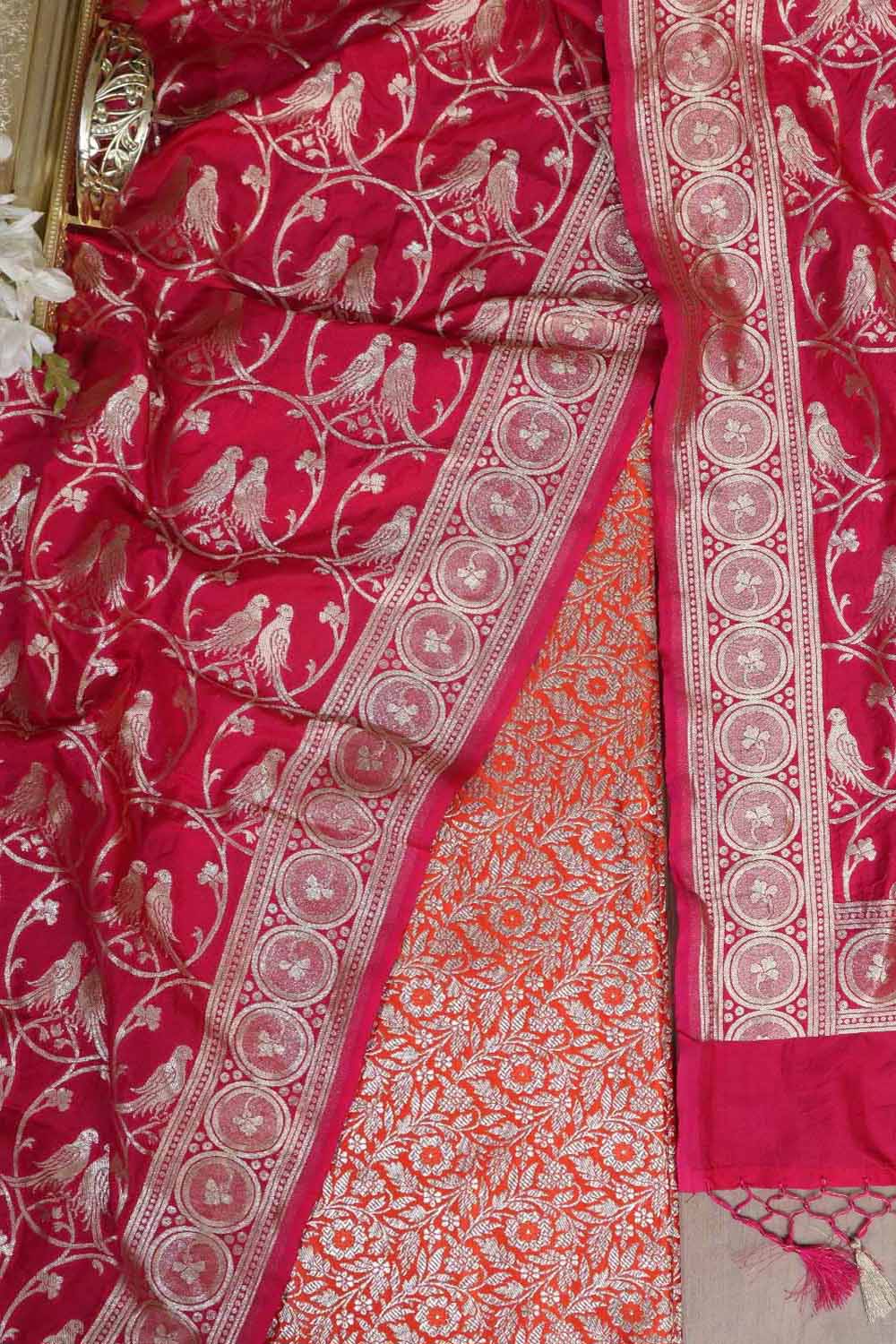 Orange Banarasi Silk Satin Zari Brocade Suit With Pink Banarasi Silk Parrot Design Dupatta - Luxurion World
