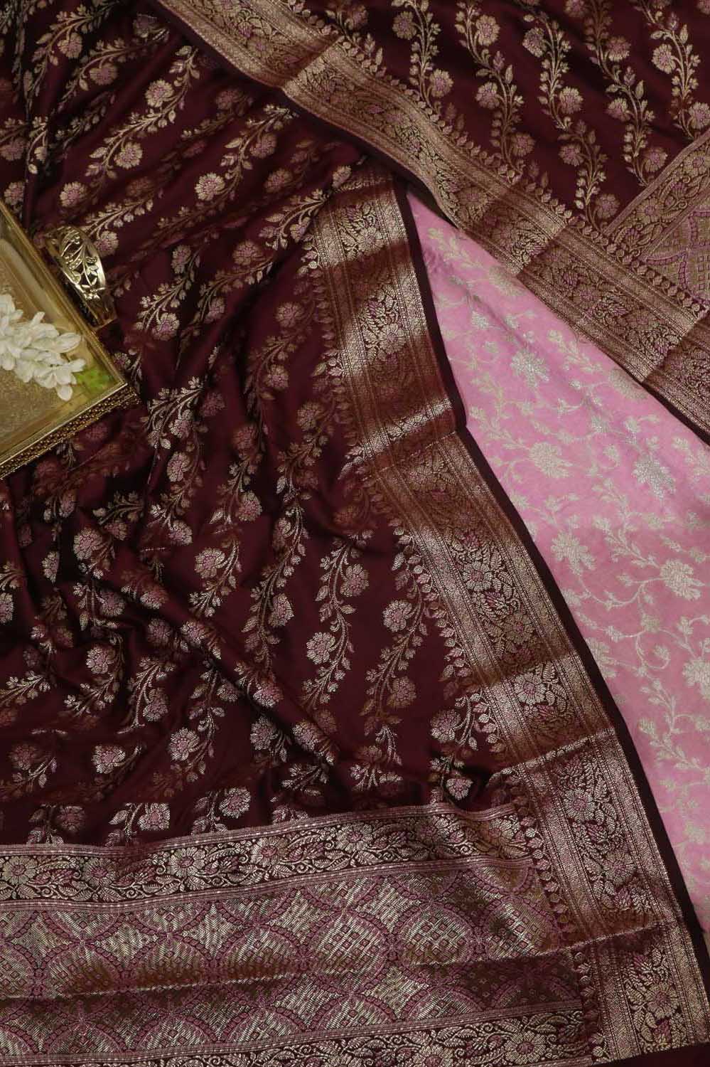 Pink Banarasi Silk Suit With Maroon Banarasi Silk Meenakari Dupatta - Luxurion World