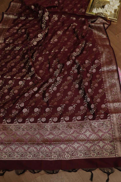 Pink Banarasi Silk Suit With Maroon Banarasi Silk Meenakari Dupatta - Luxurion World