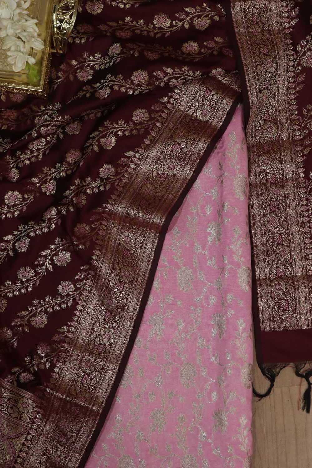 Pink Banarasi Silk Suit With Maroon Banarasi Silk Meenakari Dupatta - Luxurion World