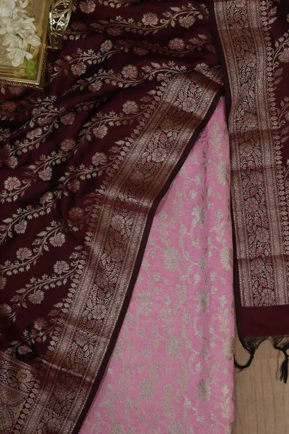 Pink Banarasi Silk Suit With Maroon Banarasi Silk Meenakari Dupatta - Luxurion World
