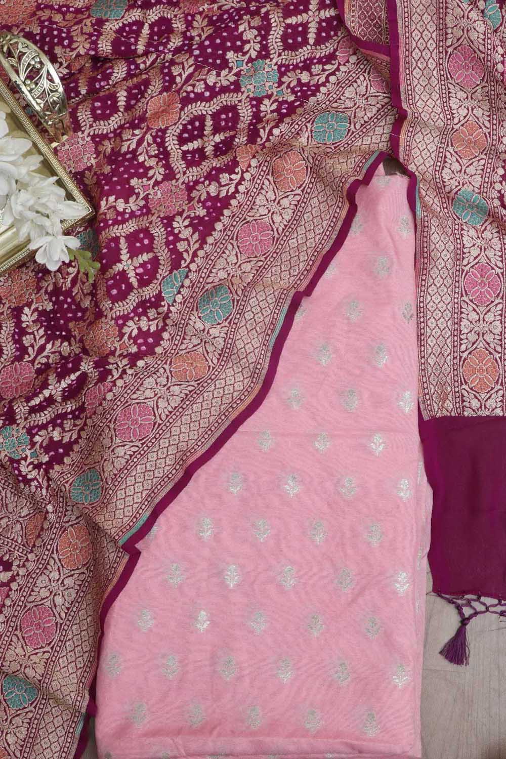 Pink Banarasi Dupion Silk Suit With Purple Banarasi Bandhani Pure Georgette Meenakari Dupatta - Luxurion World