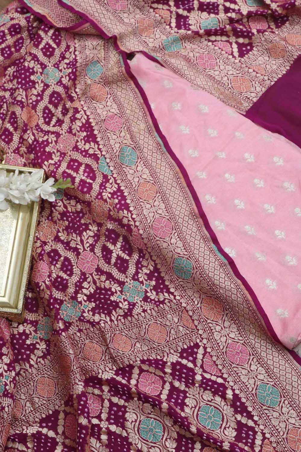 Pink Banarasi Dupion Silk Suit With Purple Banarasi Bandhani Pure Georgette Meenakari Dupatta - Luxurion World