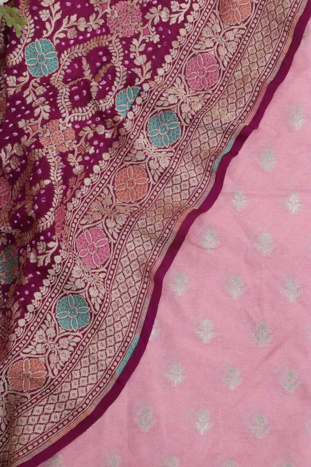Pink Banarasi Dupion Silk Suit With Purple Banarasi Bandhani Pure Georgette Meenakari Dupatta - Luxurion World