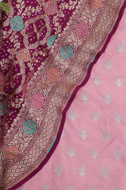 Pink Banarasi Dupion Silk Suit With Purple Banarasi Bandhani Pure Georgette Meenakari Dupatta - Luxurion World