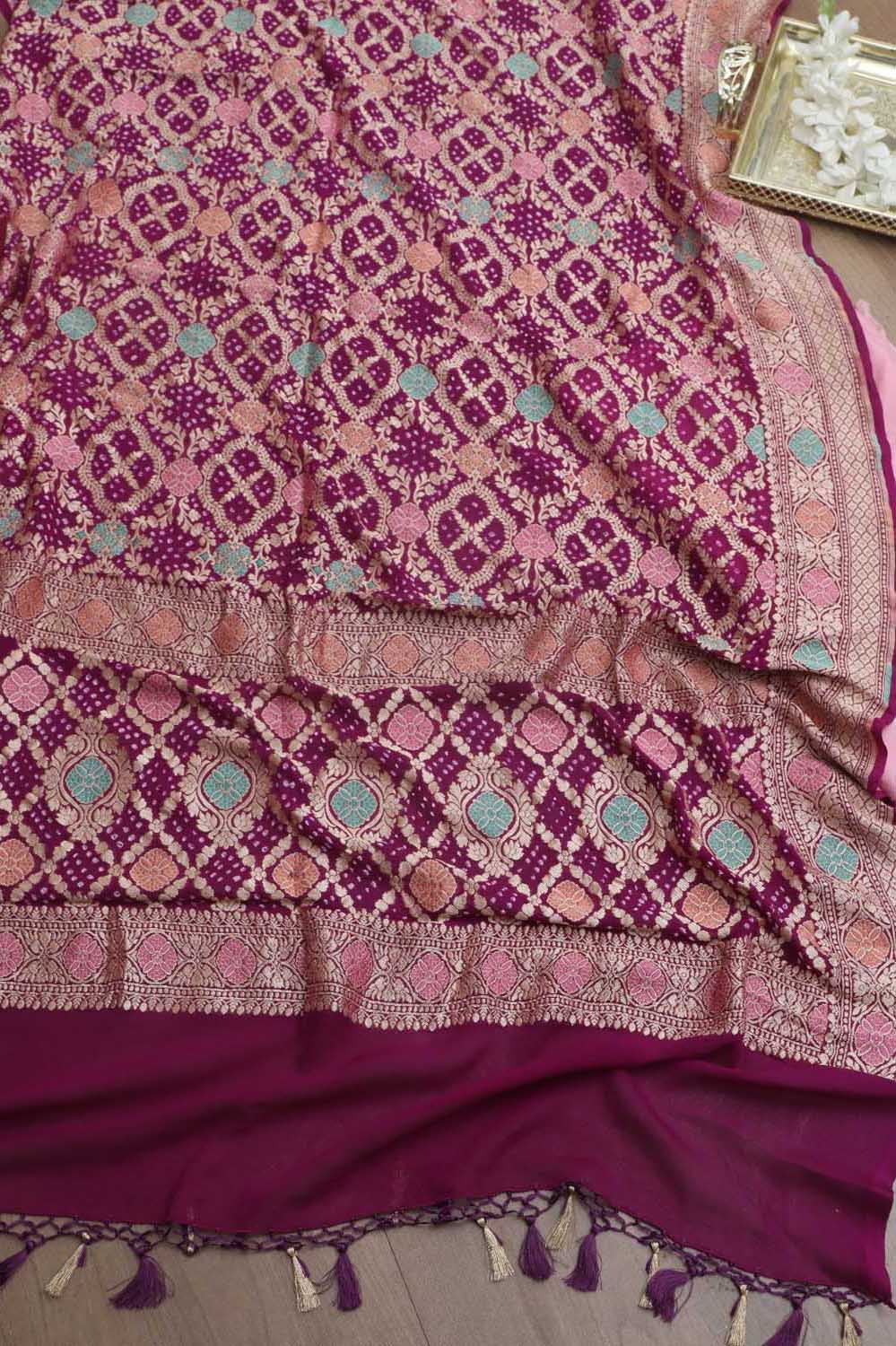 Pink Banarasi Dupion Silk Suit With Purple Banarasi Bandhani Pure Georgette Meenakari Dupatta - Luxurion World