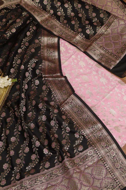 Pink Banarasi Silk Suit With Black Banarasi Silk Meenakari Dupatta - Luxurion World