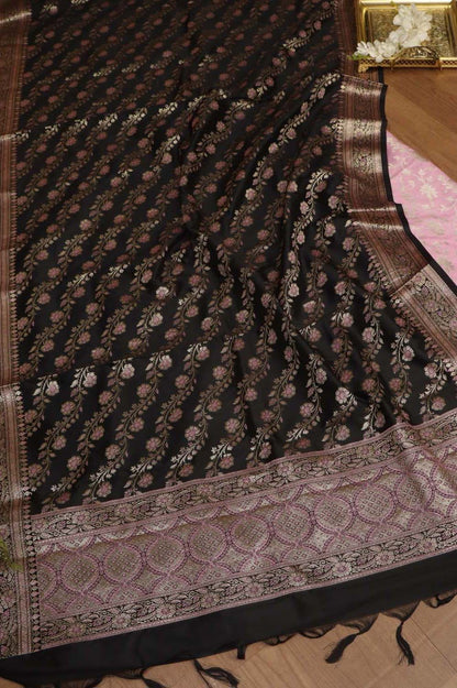 Pink Banarasi Silk Suit With Black Banarasi Silk Meenakari Dupatta - Luxurion World