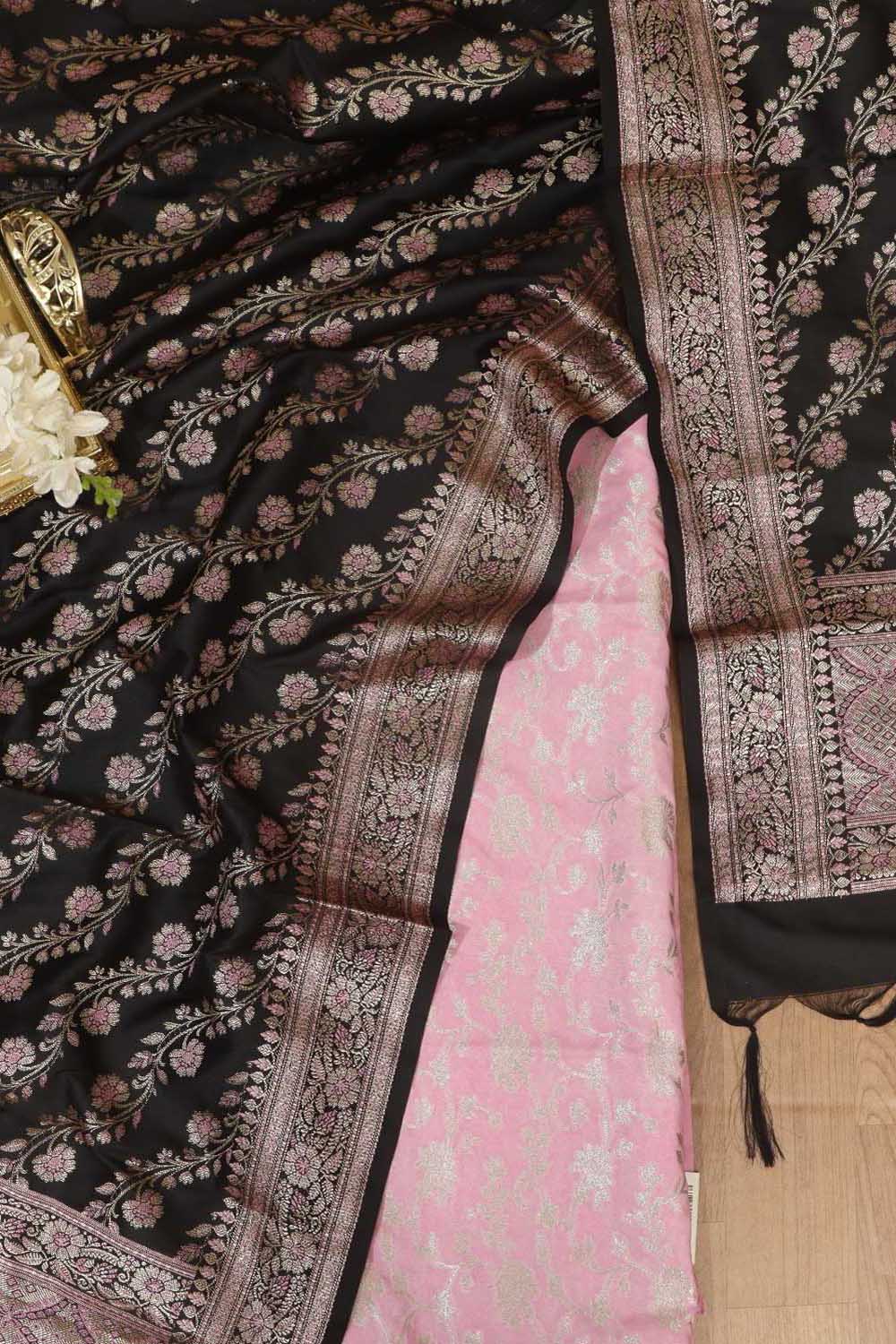 Pink Banarasi Silk Suit With Black Banarasi Silk Meenakari Dupatta - Luxurion World