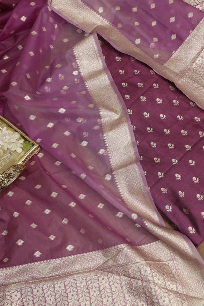 Purple Banarasi Chiniya Silk Suit With Purple Banarasi Organza Dupatta - Luxurion World