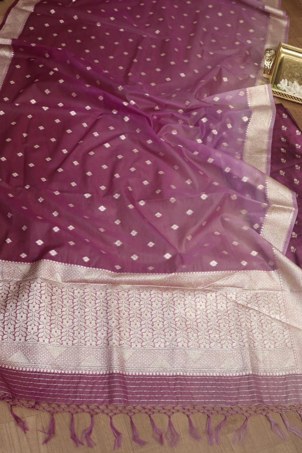 Purple Banarasi Chiniya Silk Suit With Purple Banarasi Organza Dupatta - Luxurion World