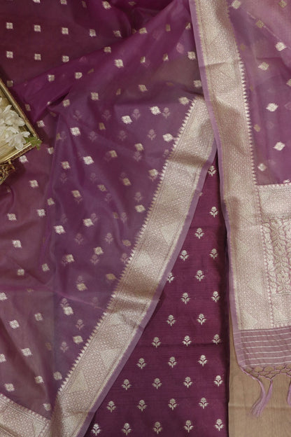 Purple Banarasi Chiniya Silk Suit With Purple Banarasi Organza Dupatta - Luxurion World