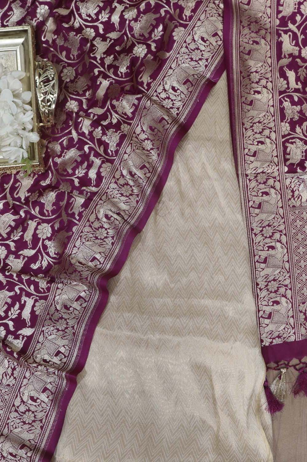Dyeable Banarasi Georgette Suit With Purple Banarasi Silk Shikargah Dupatta - Luxurion World