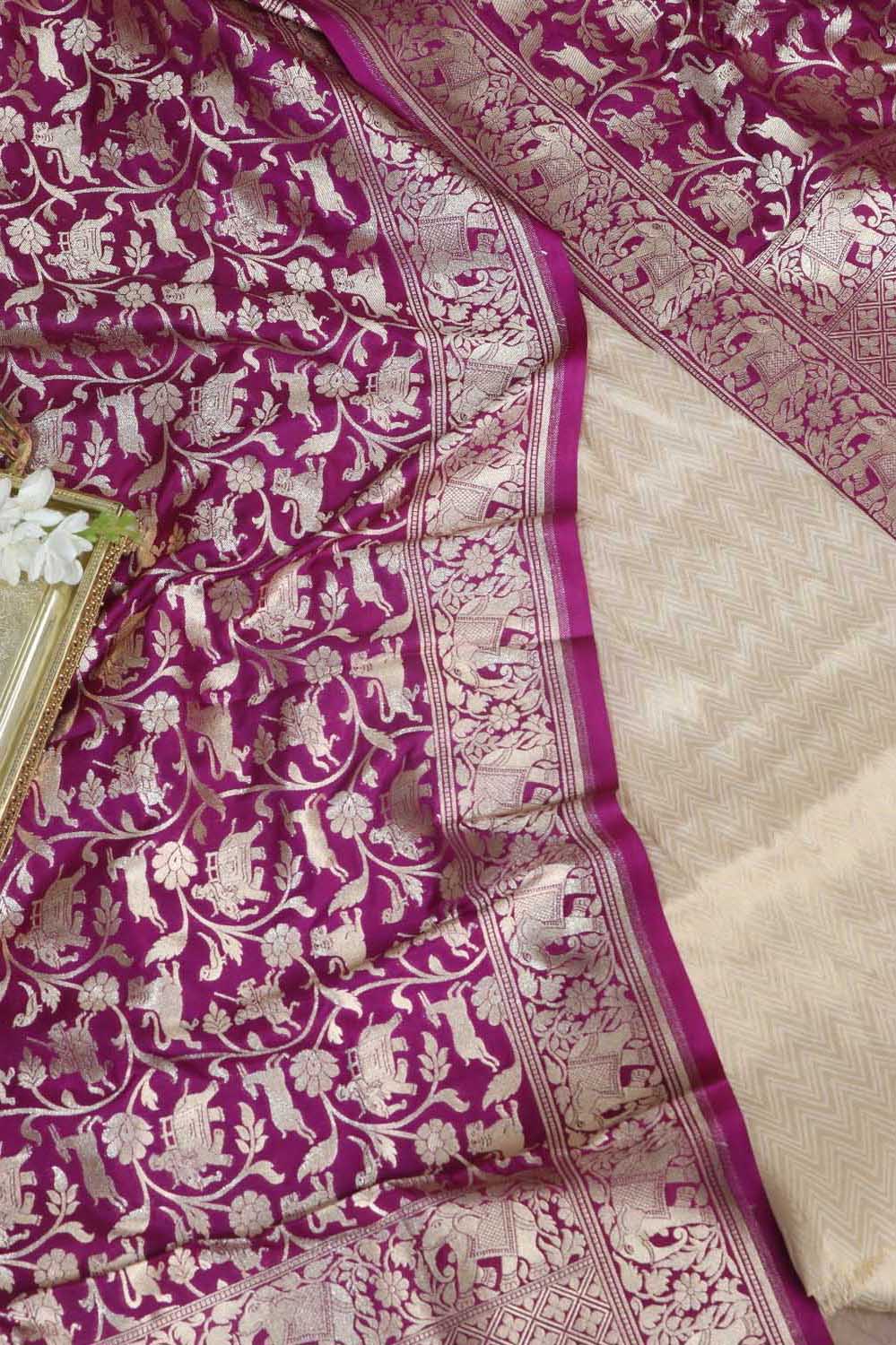 Dyeable Banarasi Georgette Suit With Purple Banarasi Silk Shikargah Dupatta - Luxurion World
