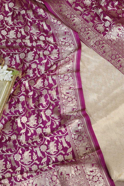Dyeable Banarasi Georgette Suit With Purple Banarasi Silk Shikargah Dupatta - Luxurion World