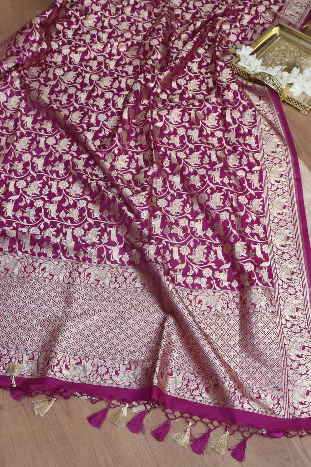 Dyeable Banarasi Georgette Suit With Purple Banarasi Silk Shikargah Dupatta - Luxurion World