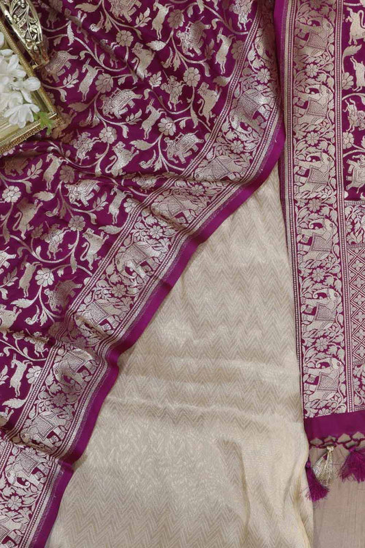 Dyeable Banarasi Georgette Suit With Purple Banarasi Silk Shikargah Dupatta - Luxurion World