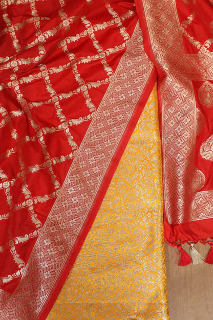 Yellow Banarasi Silk Satin Zari Brocade Suit With Red Banarasi Silk Dupatta - Luxurion World