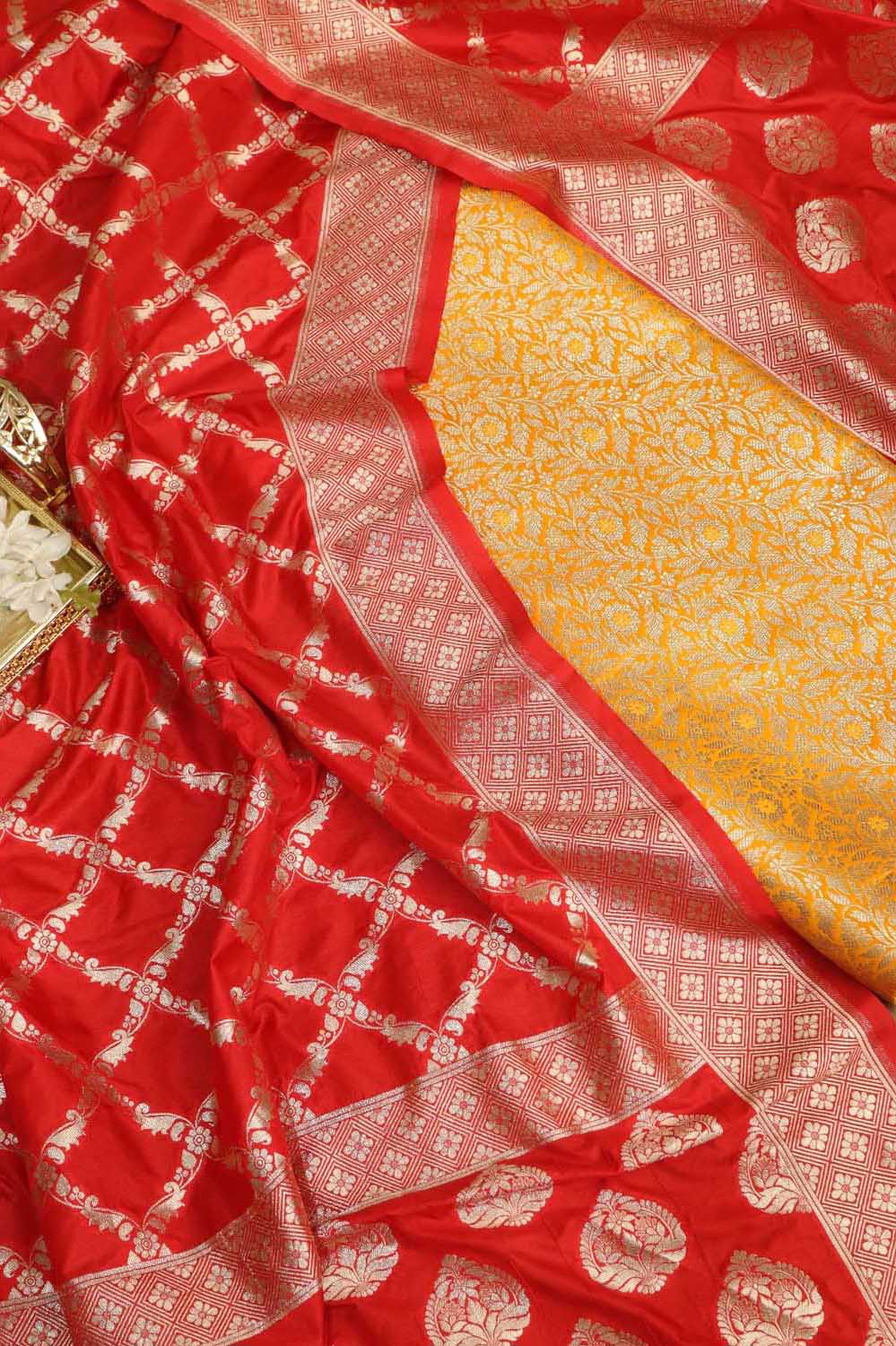 Yellow Banarasi Silk Satin Zari Brocade Suit With Red Banarasi Silk Dupatta - Luxurion World