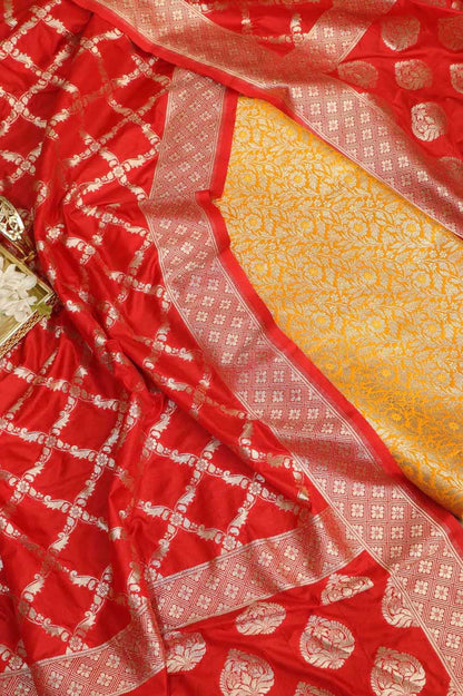 Yellow Banarasi Silk Satin Zari Brocade Suit With Red Banarasi Silk Dupatta - Luxurion World