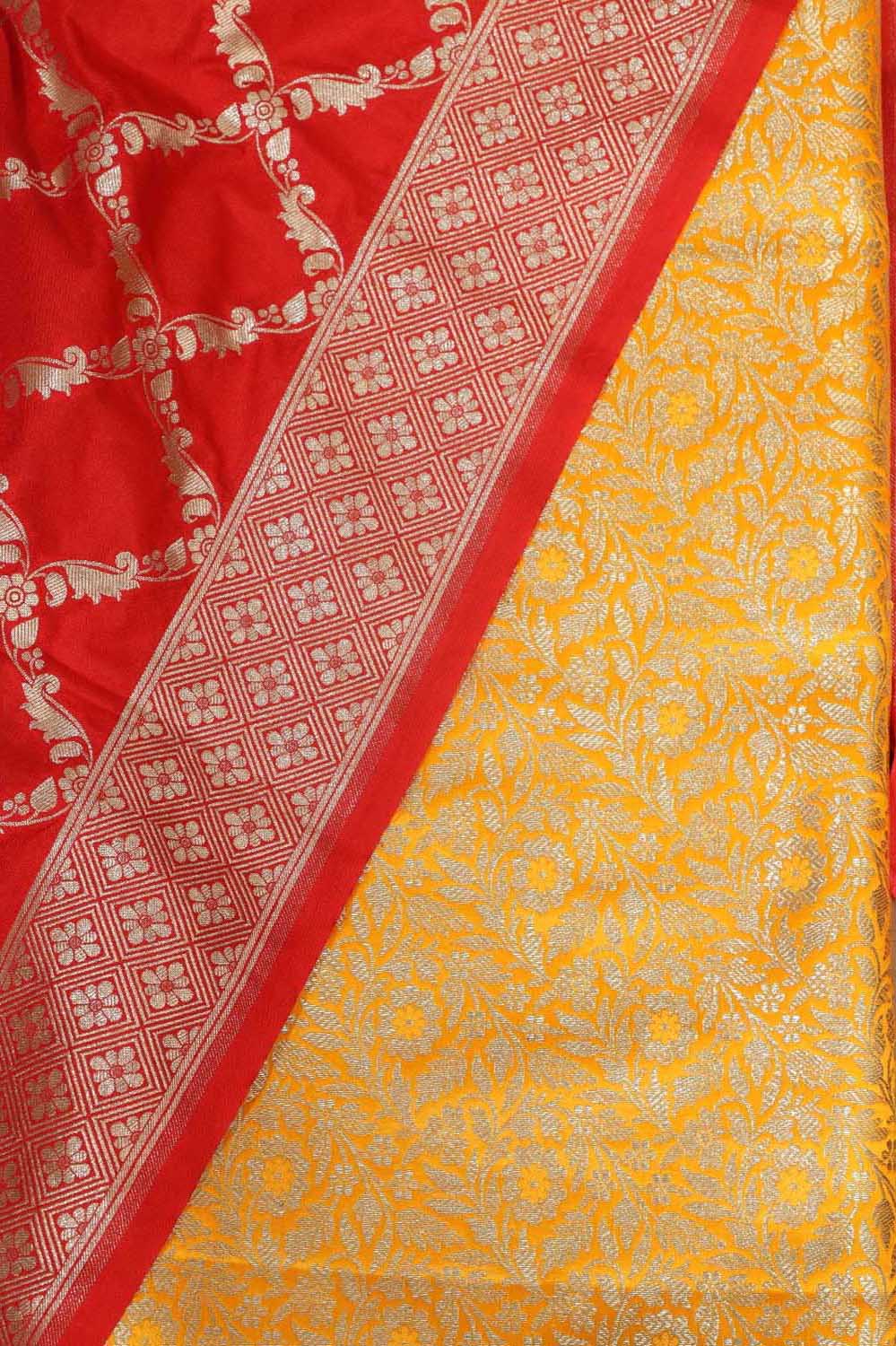 Yellow Banarasi Silk Satin Zari Brocade Suit With Red Banarasi Silk Dupatta - Luxurion World