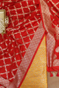 Yellow Banarasi Silk Satin Zari Brocade Suit With Red Banarasi Silk Dupatta - Luxurion World