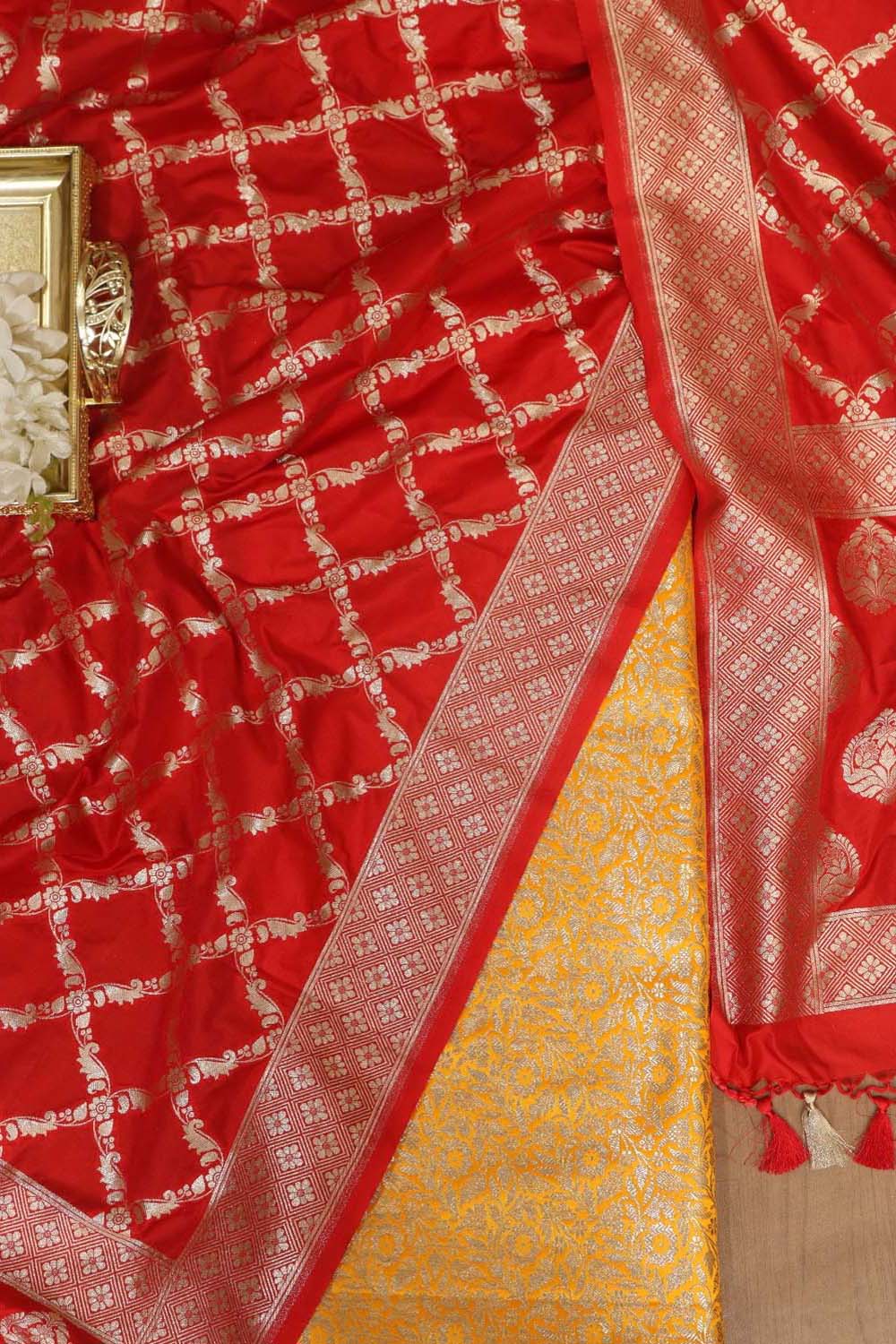 Yellow Banarasi Silk Satin Zari Brocade Suit With Red Banarasi Silk Dupatta - Luxurion World