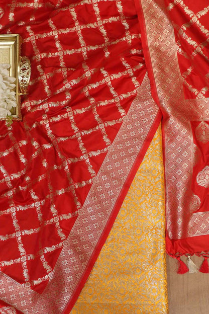 Yellow Banarasi Silk Satin Zari Brocade Suit With Red Banarasi Silk Dupatta - Luxurion World