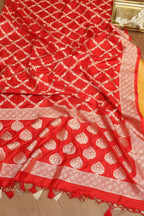 Yellow Banarasi Silk Satin Zari Brocade Suit With Red Banarasi Silk Dupatta - Luxurion World