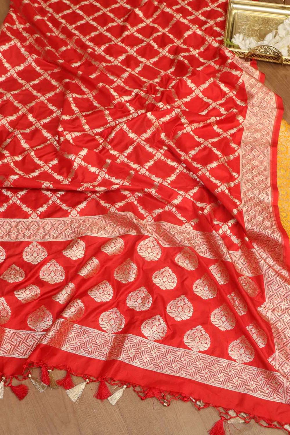 Yellow Banarasi Silk Satin Zari Brocade Suit With Red Banarasi Silk Dupatta - Luxurion World