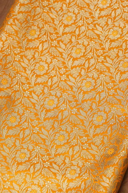 Yellow Banarasi Silk Satin Zari Brocade Suit With Red Banarasi Silk Dupatta - Luxurion World