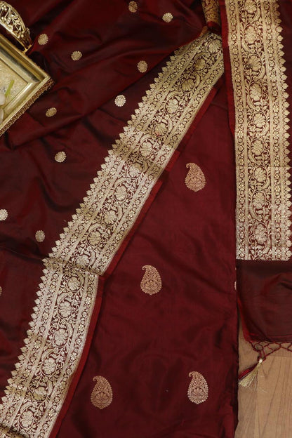 Maroon Banarasi Pure Katan Silk Kadwa Suit With Maroon Banarasi Katan Silk Dupatta - Luxurion World