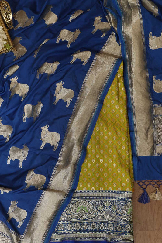 Green Banarasi Silk Suit With Blue Banarasi Silk Cow Design Dupatta - Luxurion World