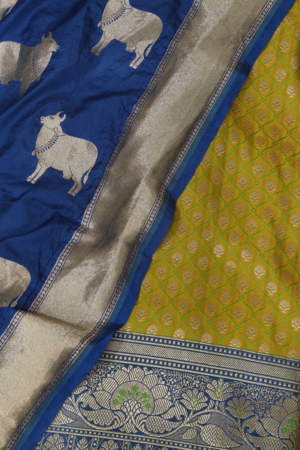 Green Banarasi Silk Suit With Blue Banarasi Silk Cow Design Dupatta - Luxurion World