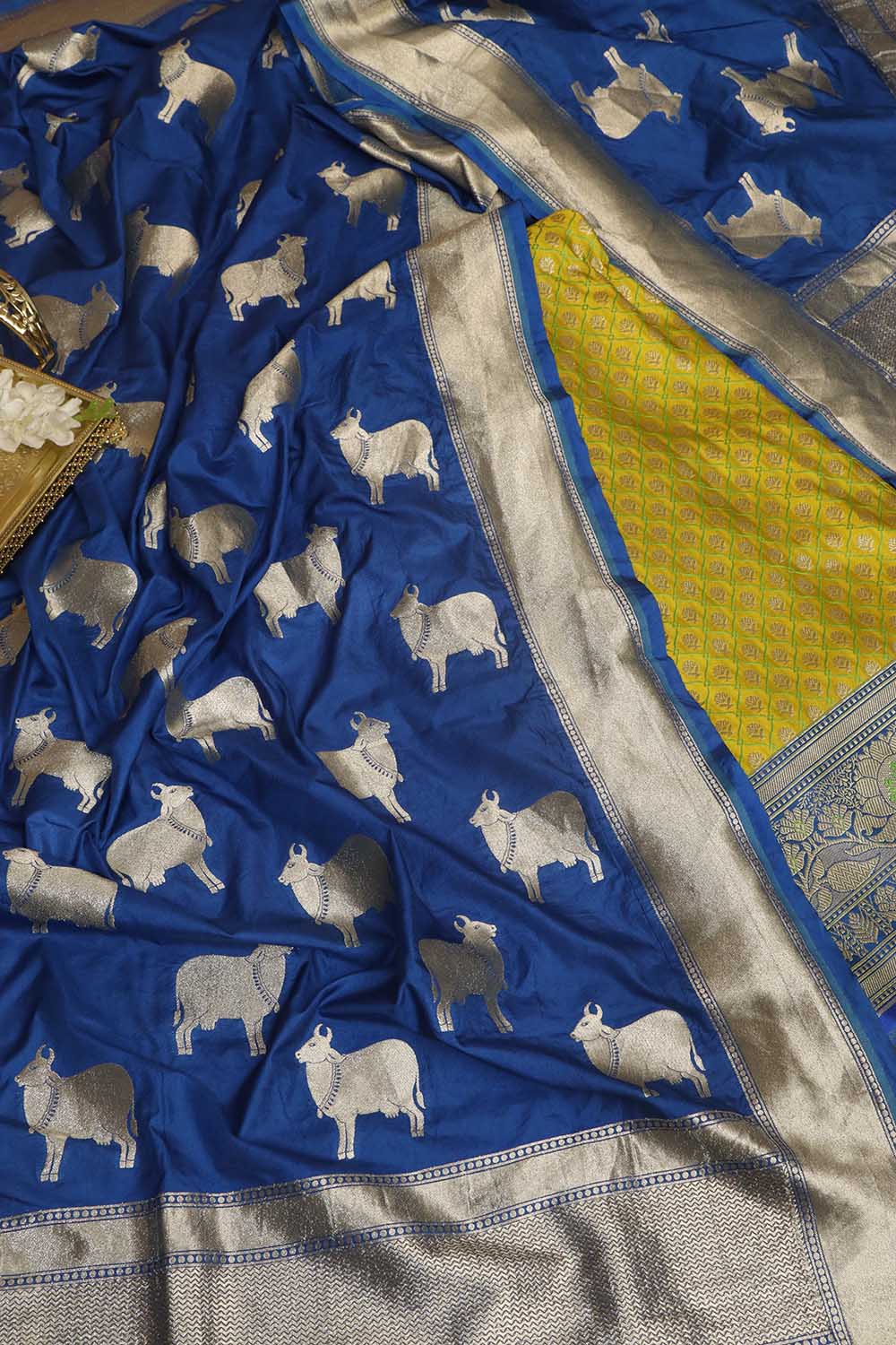 Green Banarasi Silk Suit With Blue Banarasi Silk Cow Design Dupatta - Luxurion World