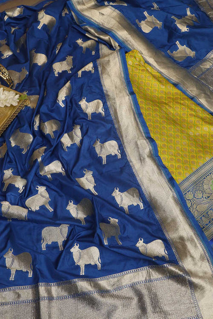 Green Banarasi Silk Suit With Blue Banarasi Silk Cow Design Dupatta - Luxurion World
