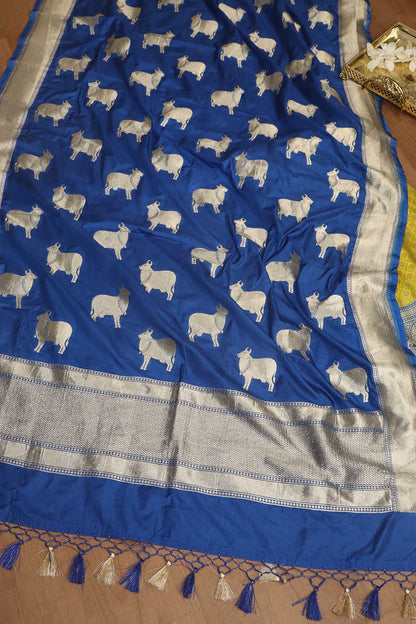 Green Banarasi Silk Suit With Blue Banarasi Silk Cow Design Dupatta - Luxurion World