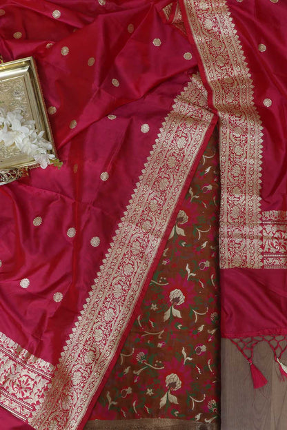 Elegant Brown Banarasi Meenakari Silk Suit With Pink Handloom Banarasi Pure Katan Silk Dupatta - Luxurion World