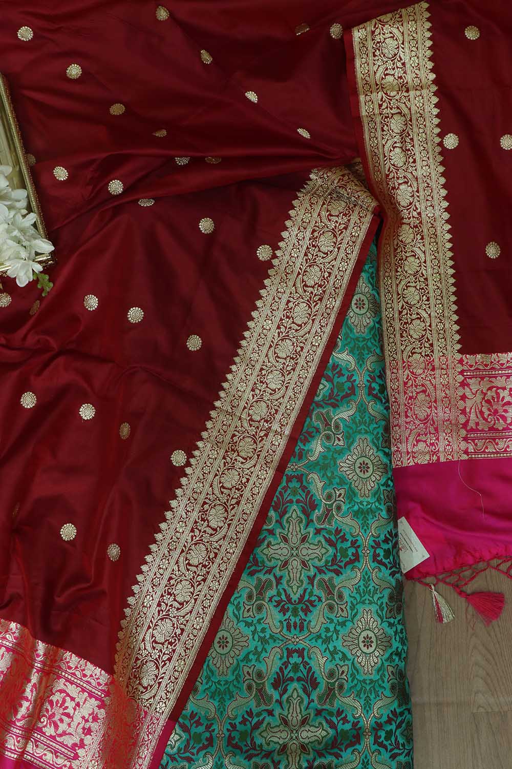 Elegant Blue Banarasi Kimkhwab Silk Suit With Maroon Handloom Banarasi Pure Katan Silk Dupatta - Luxurion World