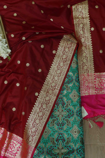 Elegant Blue Banarasi Kimkhwab Silk Suit With Maroon Handloom Banarasi Pure Katan Silk Dupatta - Luxurion World