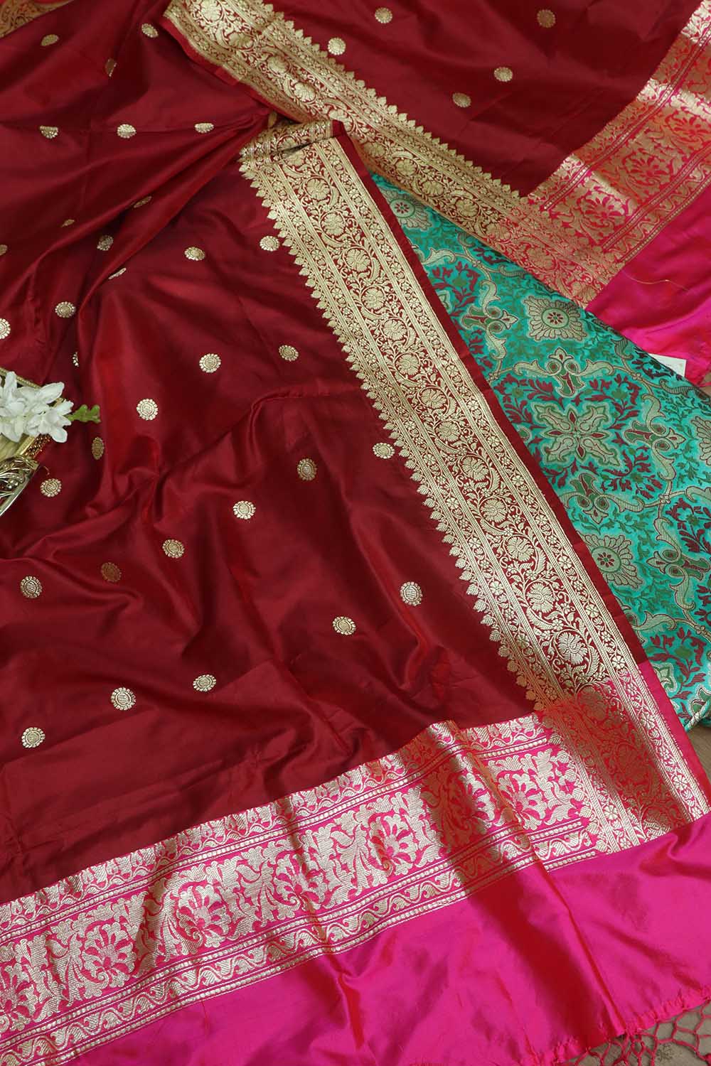 Elegant Blue Banarasi Kimkhwab Silk Suit With Maroon Handloom Banarasi Pure Katan Silk Dupatta - Luxurion World