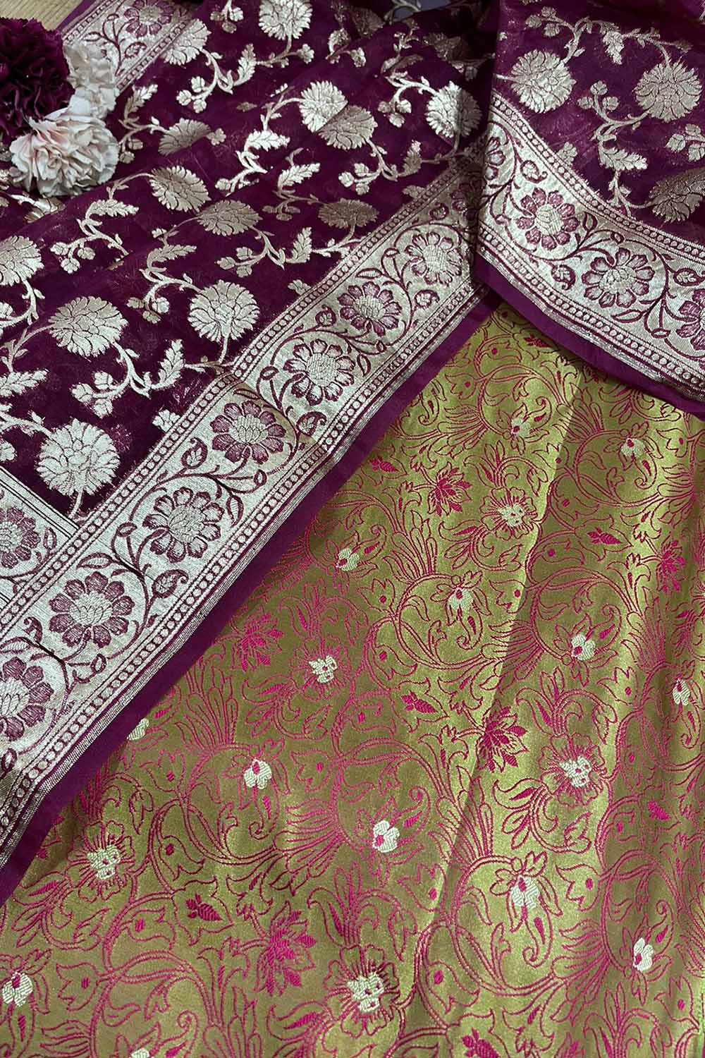 Green Banarasi Tanchui Silk Suit With Purple Banarasi Organza Dupatta - Luxurion World