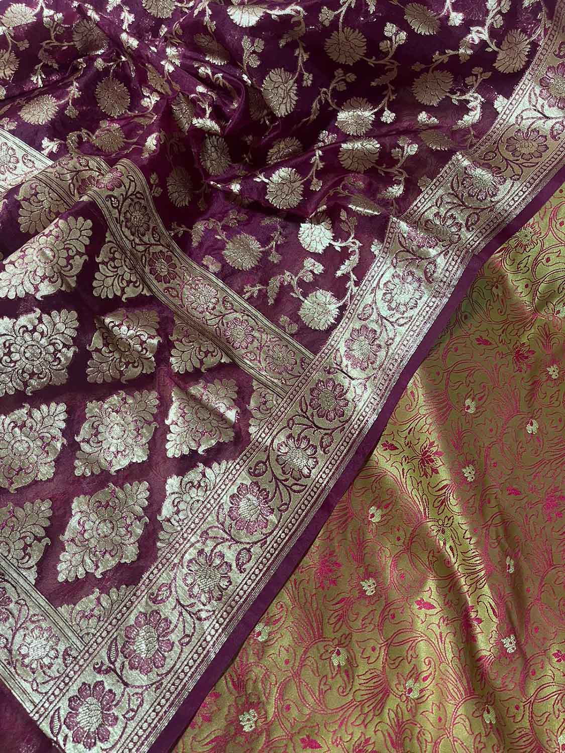 Green Banarasi Tanchui Silk Suit With Purple Banarasi Organza Dupatta - Luxurion World
