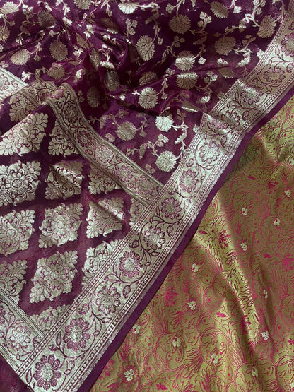 Green Banarasi Tanchui Silk Suit With Purple Banarasi Organza Dupatta - Luxurion World
