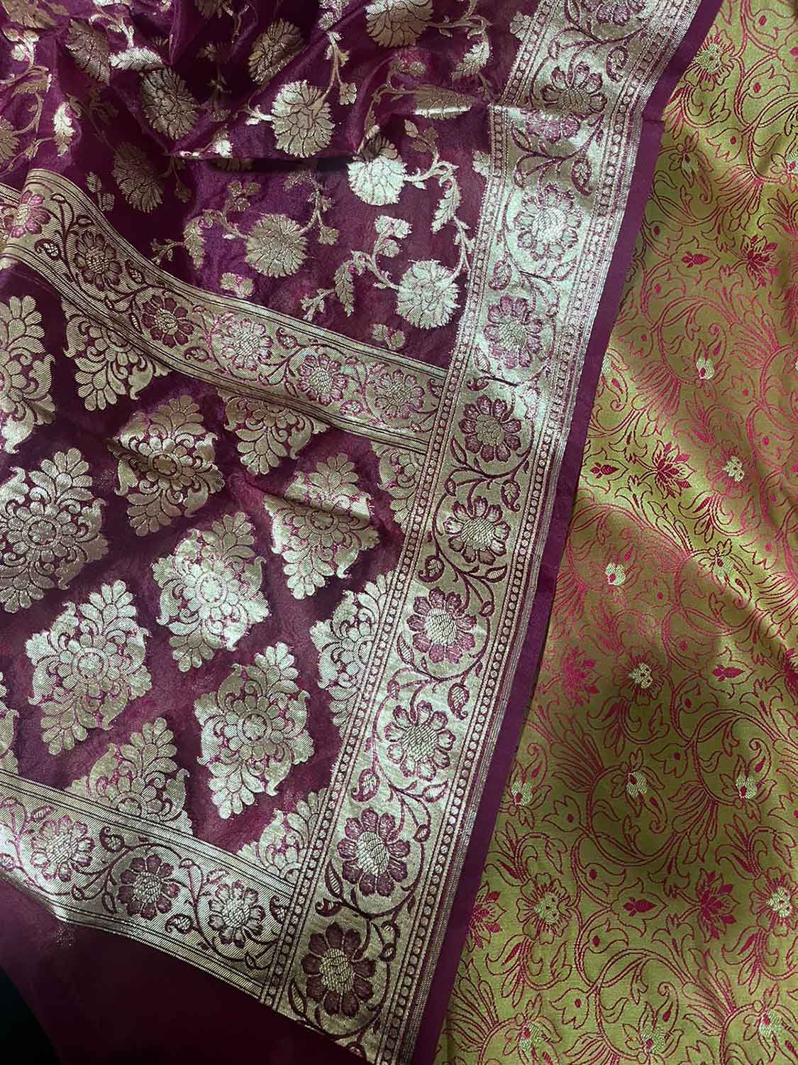 Green Banarasi Tanchui Silk Suit With Purple Banarasi Organza Dupatta - Luxurion World