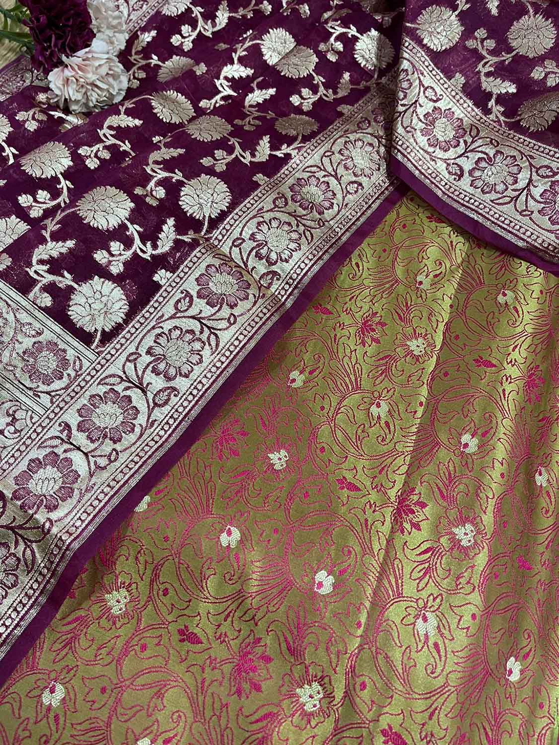 Green Banarasi Tanchui Silk Suit With Purple Banarasi Organza Dupatta - Luxurion World