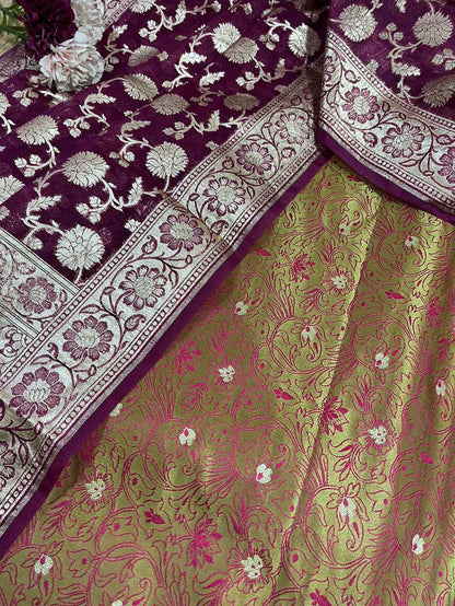 Green Banarasi Tanchui Silk Suit With Purple Banarasi Organza Dupatta - Luxurion World