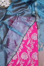 Pink Banarasi Silk Sona Roopa Suit With Blue Tissue Dupatta - Luxurion World