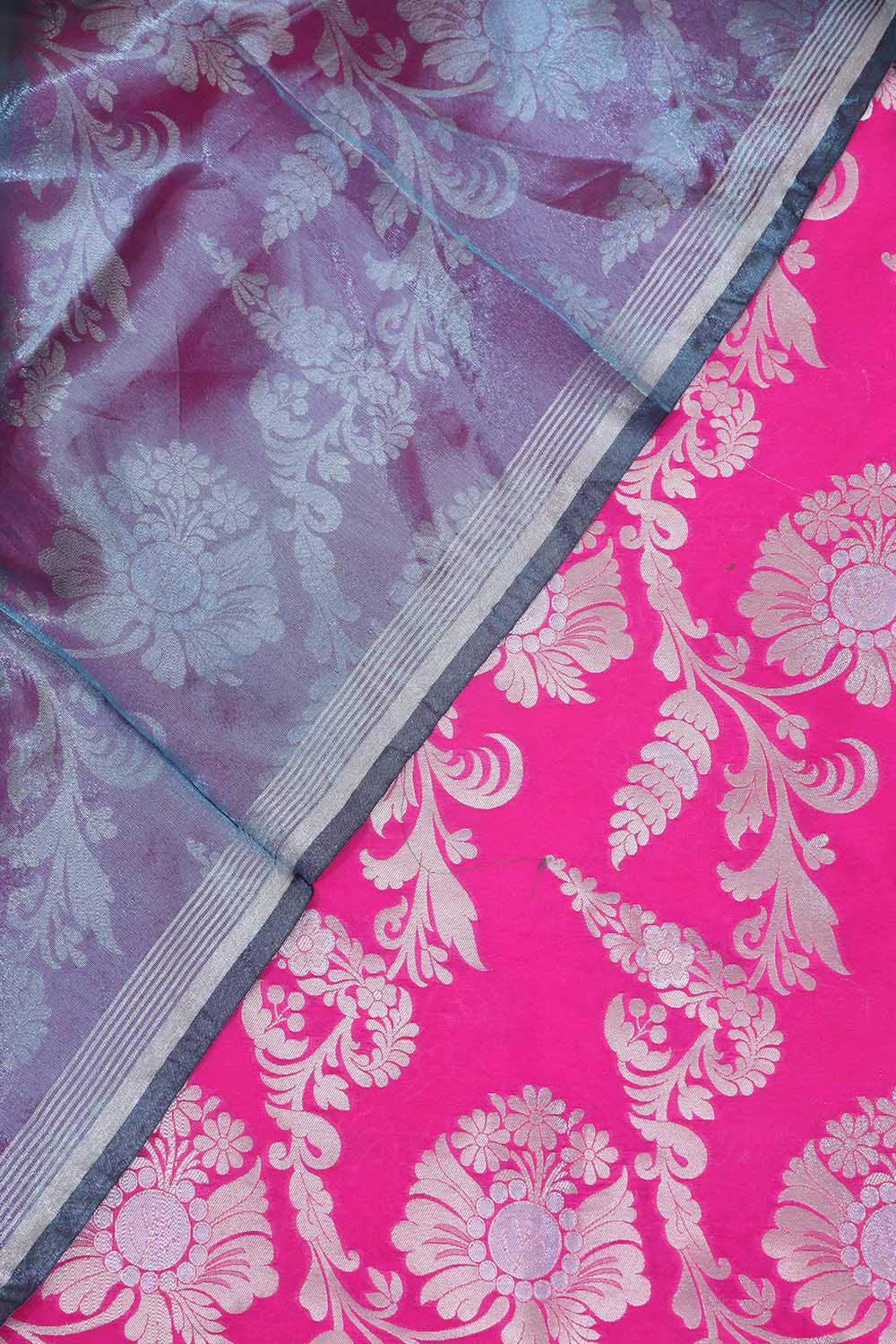 Pink Banarasi Silk Sona Roopa Suit With Blue Tissue Dupatta - Luxurion World